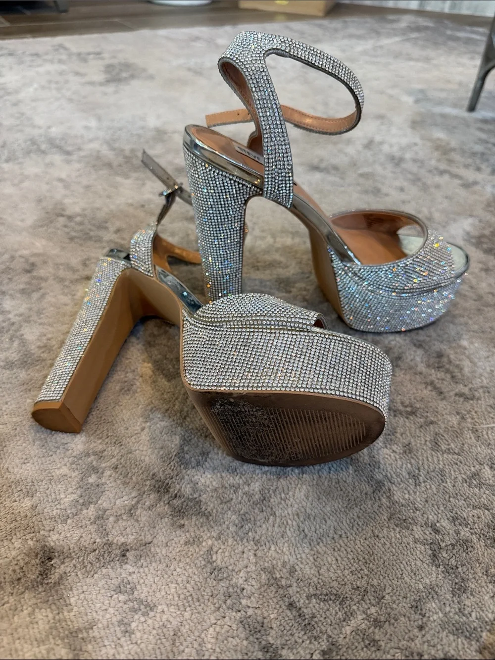 Steve Madden Silver Rhinestone Platform Sandals with Ankle Strap